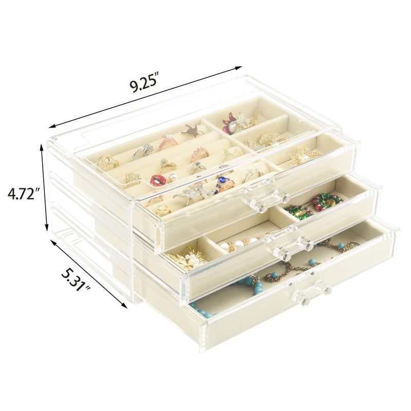 Weiai Acrylic Jewelry Box 3 Drawers, Velvet Jewellery Organizer, Earring Rings Necklaces Bracelets Display Case Gift for Women, Girls, Beige - Image 3